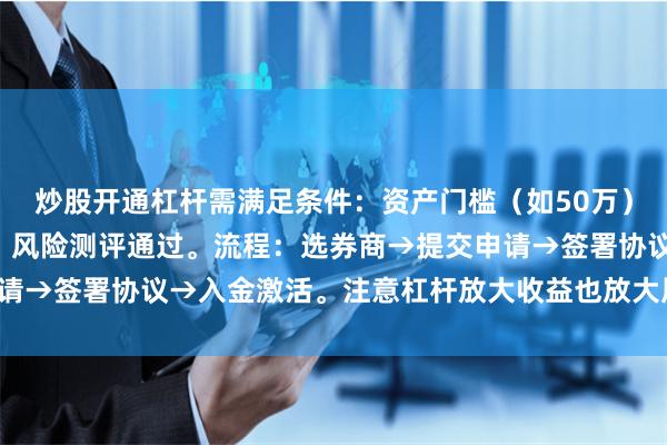 炒股开通杠杆需满足条件：资产门槛（如50万）、交易经验（如2年）、风险测评通过。流程：选券商→提交申请→签署协议→入金激活。注意杠杆放大收益也放大风险，需谨慎。